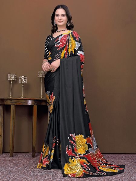 Ready To Wear Silk Crepe Saree with Neon Batik Floral Print & Polka Dot Blouse Ready To Wear Sarees