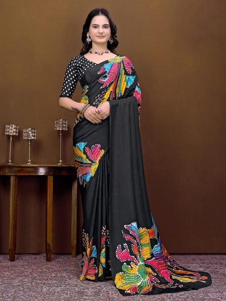 Ready To Wear Silk Crepe Saree with Neon Batik Floral Print & Polka Dot Blouse Ready To Wear Sarees
