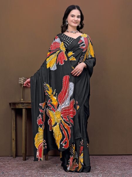 Ready To Wear Silk Crepe Saree with Neon Batik Floral Print & Polka Dot Blouse Ready To Wear Sarees