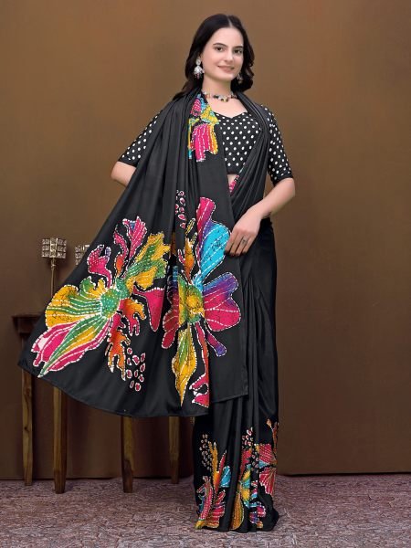 Ready To Wear Silk Crepe Saree with Neon Batik Floral Print & Polka Dot Blouse Ready To Wear Sarees
