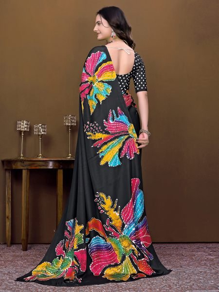 Ready To Wear Silk Crepe Saree with Neon Batik Floral Print & Polka Dot Blouse Ready To Wear Sarees