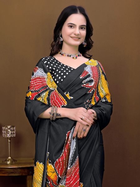 Ready To Wear Silk Crepe Saree with Neon Batik Floral Print & Polka Dot Blouse Ready To Wear Sarees