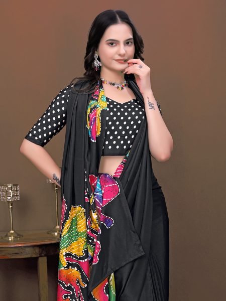 Ready To Wear Silk Crepe Saree with Neon Batik Floral Print & Polka Dot Blouse Ready To Wear Sarees