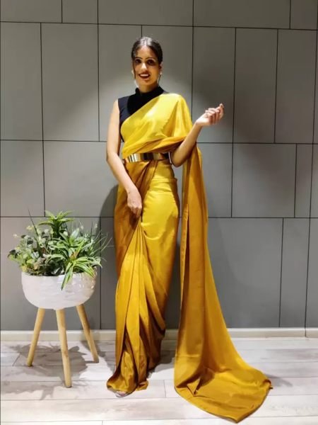 Ready To Wear Solid Chiffon Two Tone Saree With Belt Designer Sarees