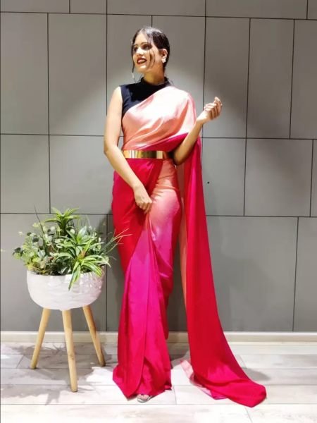 Ready To Wear Solid Chiffon Two Tone Saree With Belt Designer Sarees