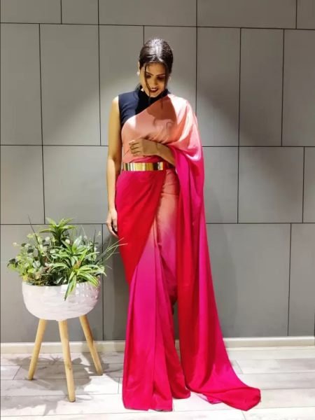 Ready To Wear Solid Chiffon Two Tone Saree With Belt Designer Sarees