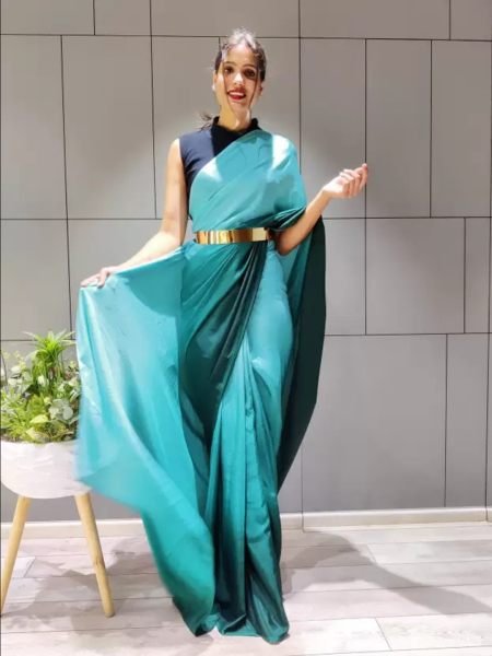Ready To Wear Solid Chiffon Two Tone Saree With Belt Designer Sarees