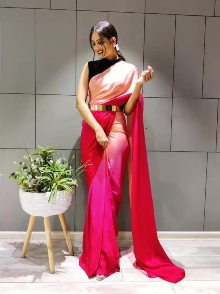 Ready To Wear Solid Chiffon Two Tone Saree With Belt Designer Sarees