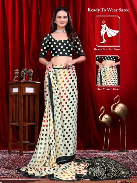 Ready to Wear White Polka Dot Print Pure Satin Saree Ready To Wear Sarees