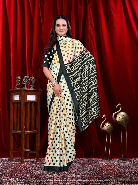 Ready to Wear White Polka Dot Print Pure Satin Saree Ready To Wear Sarees