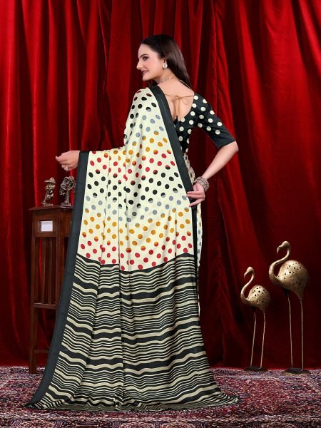 Ready to Wear White Polka Dot Print Pure Satin Saree Ready To Wear Sarees