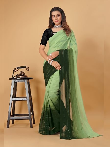 Ready To Wear Woven Chiffon Foli Print Work Two Tone Saree Ready To Wear Sarees