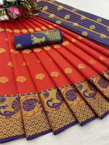 Red Banarasi Cotton Silk Saree with Jacquard Zari Weaving Sale