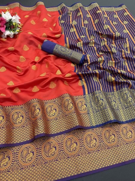 Red Cotton Silk Banarasi Saree with Jacquard Zari Peacock Woven Border Sale