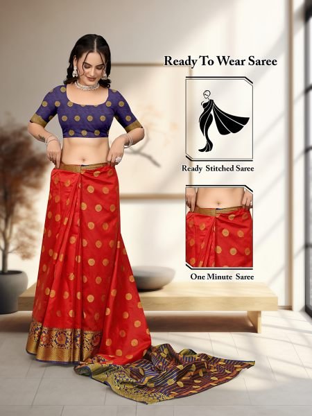 Red Ready To Wear Cotton Silk Woven Zari Jacquard Banarasi Traditional Saree Kanjivaram Sarees