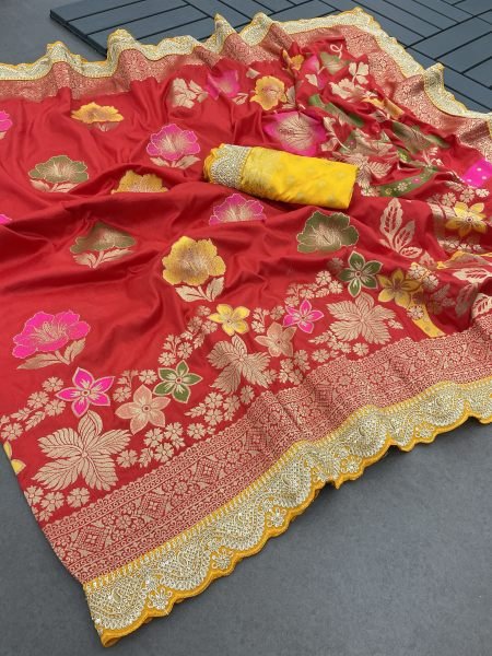 Red Dola Silk Banarasi Saree with Jacquard Embroidery and Lace Border Sale