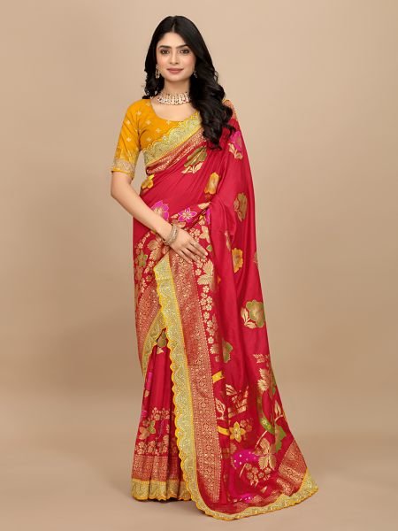 Red Dola Silk Kanjivaram Saree with Jacquard Work and Embroidered Lace Border Sale