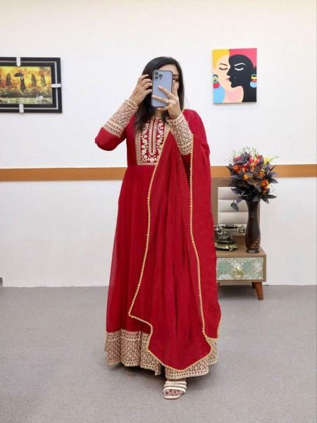 Red Embroidered Georgette Stitched Anarkali Gown Gown