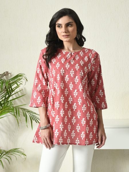 Red Floral Printed Cotton Blend Top with Keyhole Neck Kurtis & Tunics