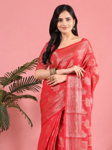 Red Banarasi Georgette jacquard Saree With Embroidery Blouse Sale