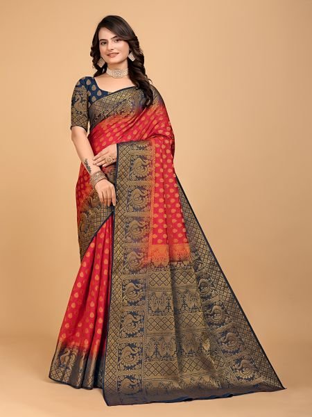Red   Navy Blue Woven Banarasi Nylon Pure Silk Saree Sale
