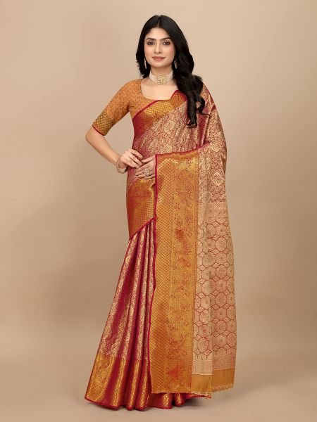 Red Pattu Silk Fabric Jacquard Woven Kanjivaram Dharmavaram Styles Pattu Sarees