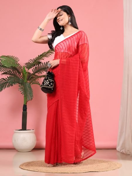 Red Ready To Wear Chiffon Zari Linen Saree Ready To Wear Sarees
