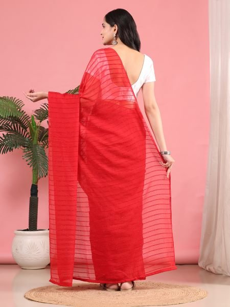 Red Ready To Wear Chiffon Zari Linen Saree Ready To Wear Sarees