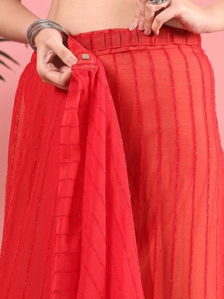 Red Ready To Wear Chiffon Zari Linen Saree Ready To Wear Sarees