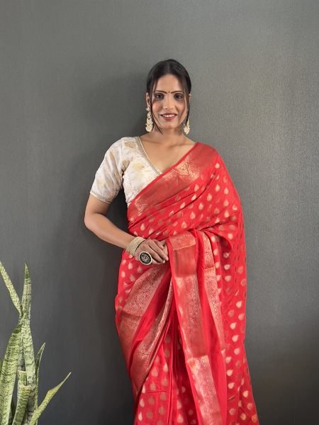 Red Ready to Wear Pure Banarasi Georgette Saree Sale