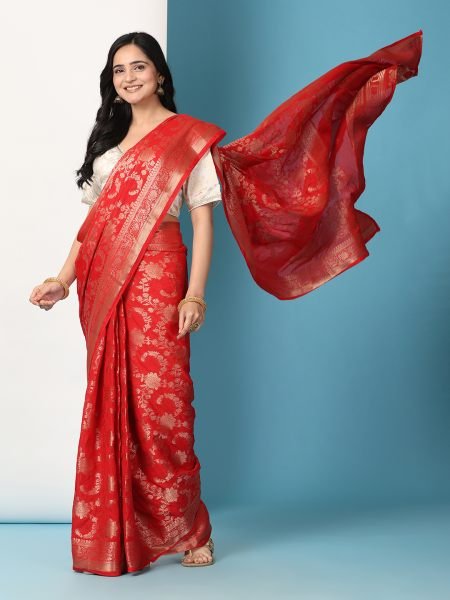 Red Ready to Wear Pure Banarasi Georgette Saree Ready To Wear Sarees