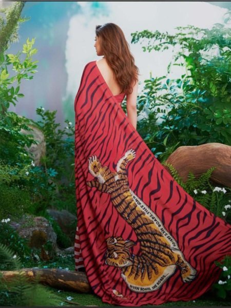 Red Silk Crepe Designer Saree with Tiger Print Pallu and Striped Pleats Designer Sarees