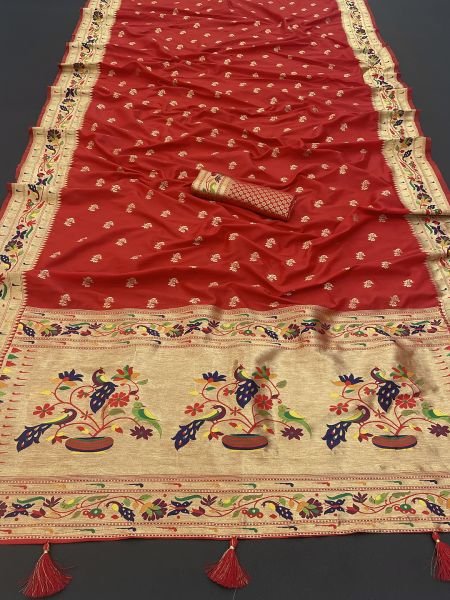 Red Woven Pure Silk Heavy Rich Pallu Paithani Saree Sale