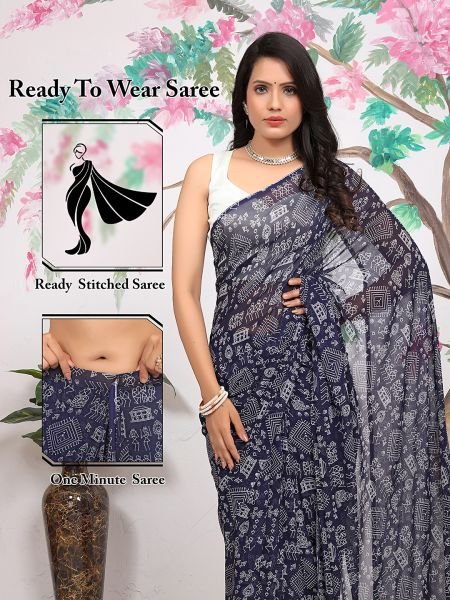Redy To Wear FLoral Printed Georgette Navy Blue Sraee Printed Sarees