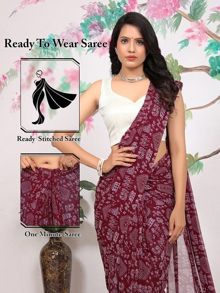 Ready To Wear FLoral Printed Georgette Wine Saree Printed Sarees