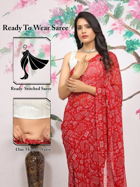 Ready To Wear FLoral Printed Georgette Red Sraee Printed Sarees