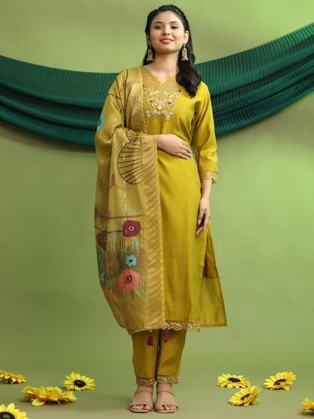 Roman Silk Embroidered Hand Work Kurta Pant Set with Dupatta – Elegant Women’s Ethnic Wear Kurta Sets