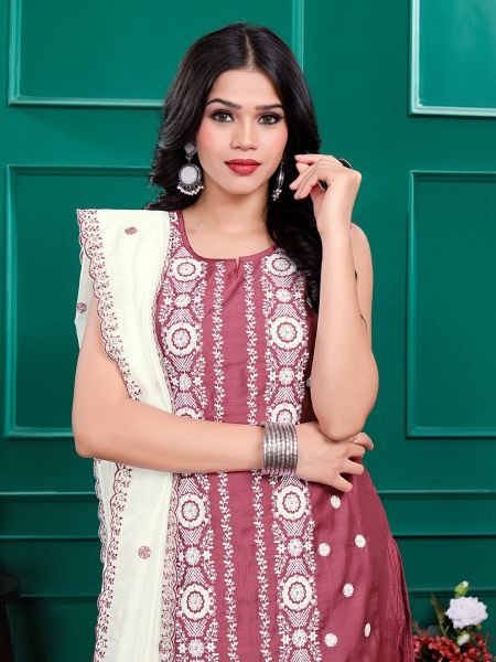 Roman Silk Embroidered Kurta Pant Set with Georgette Dupatta   Stitched Party   Festive Wear Set for Women Kurta Sets