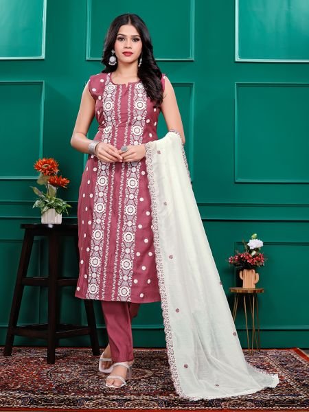 Roman Silk Embroidered Kurta Pant Set with Georgette Dupatta   Stitched Party   Festive Wear Set for Women Kurta Sets