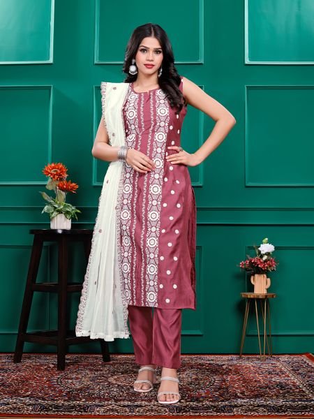 Roman Silk Embroidered Kurta Pant Set with Georgette Dupatta   Stitched Party   Festive Wear Set for Women Kurta Sets