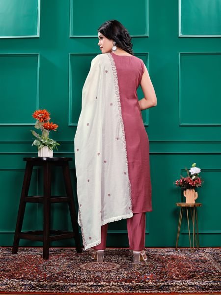 Roman Silk Embroidered Kurta Pant Set with Georgette Dupatta   Stitched Party   Festive Wear Set for Women Kurta Sets