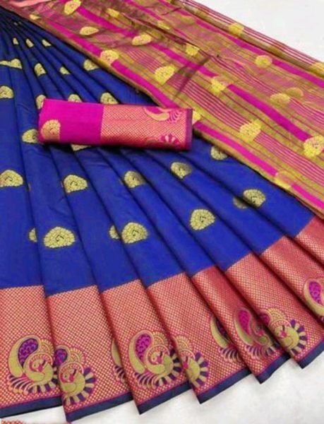 Royal Blue Cotton Silk Jacquard Woven Banarasi Saree with Zari for Festive Occasions Sale