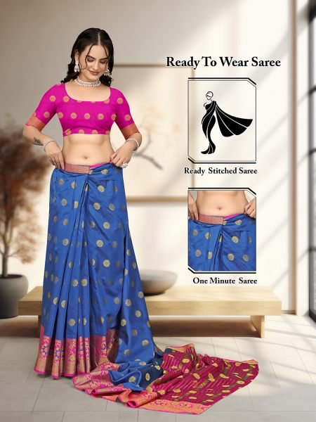 Royal Blue Ready To Wear Cotton Silk Woven Zari Jacquard Banarasi Traditional Saree Sale