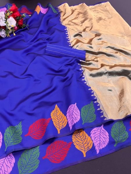 Royal Blue Pure Silk Kanjivaram Saree with Jacquard Leaf Border Sale