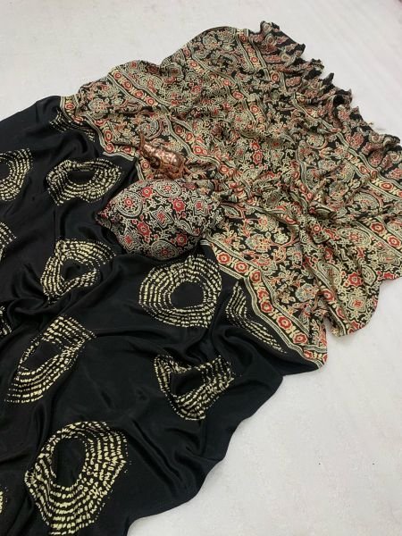Satin Silk Saree with Ajrakh Inspired Print   Circular Pallu Design Saree