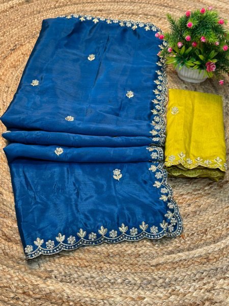 Silk Chinon Embroidered Saree with Thread   Moti Work   Unstitched Blouse Piece     Elegant Designer Saree Embroidered Sarees