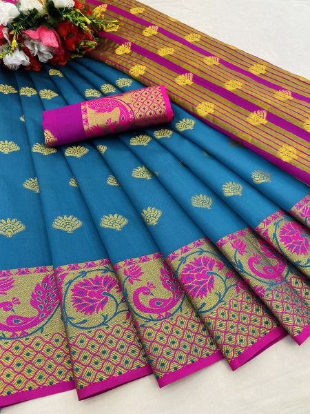 Sky Banarasi Cotton Silk Saree with Jacquard Zari Weaving Sale