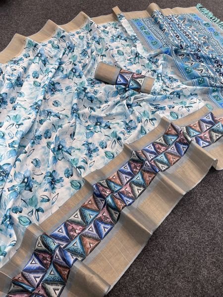 Sky Blue Cotton Silk Handloom Printed Saree with Tassel Border Pallu Sale