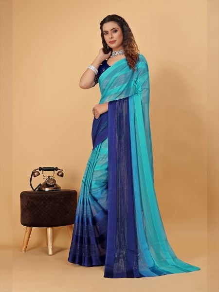 Sky Blue Plain Satin Striped Georgette Saree Sale