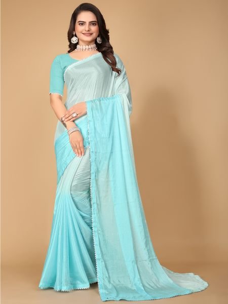 Sky Blue Solid Plain Lace Border Fix Diamond Work Designer Saree Sale